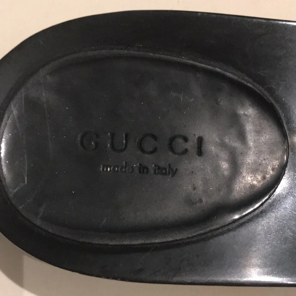 Gucci leather black pattern clogs size 10 lightly used gold trim - Picture 4 of 4